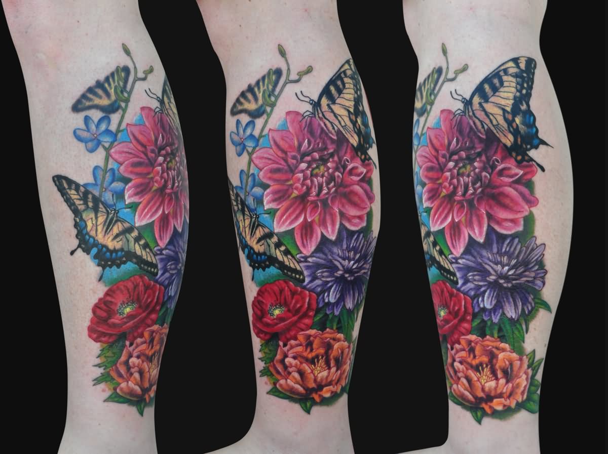 Colorful Flowers With Butterflies Tattoo Design For Leg Calf