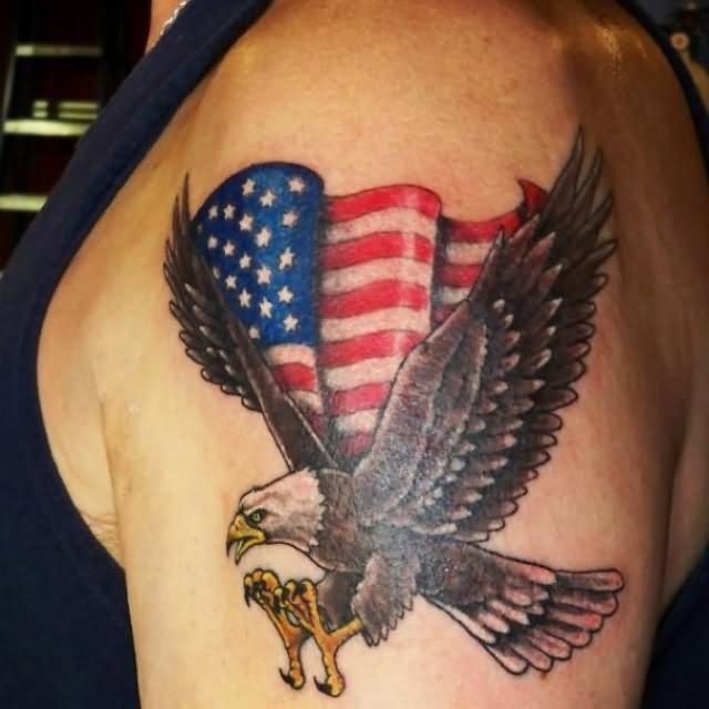 Colorful Flying Eagle With USA Flag Tattoo On Left Shoulder