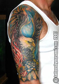 Colorful Flying Eagle With USA Flag Tattoo On Right Half Sleeve