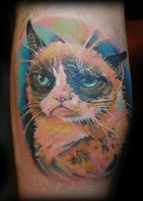Colorful Grumpy Cat Tattoo On Leg by Mez Love