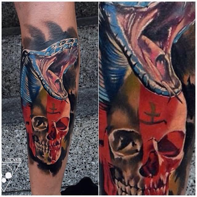 Colorful Snake With Skull Tattoo On Leg