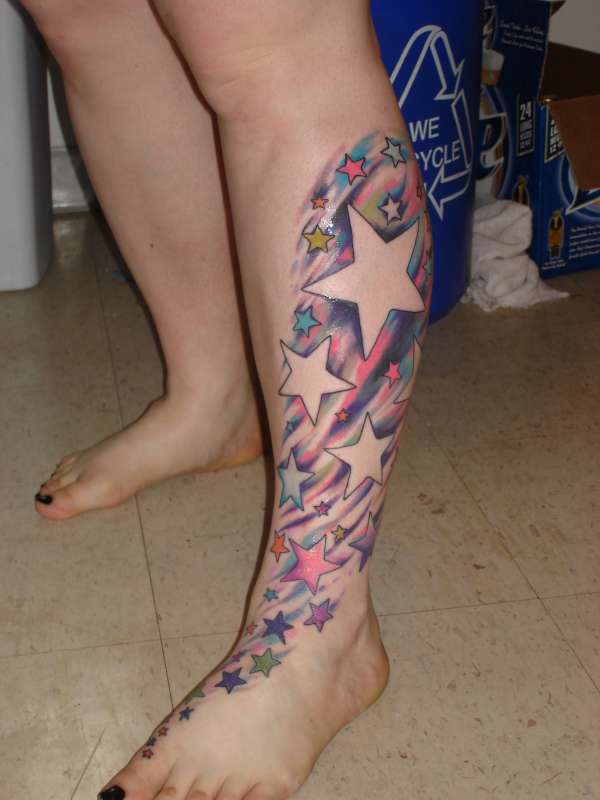 Colorful Stars Tattoo On Girl Left Leg