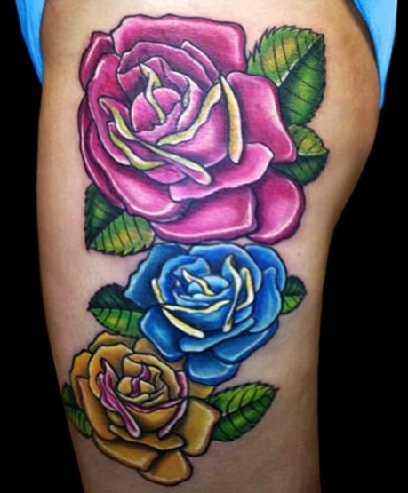 Colorful Three Rose Flowers Tattoos On Side Thigh