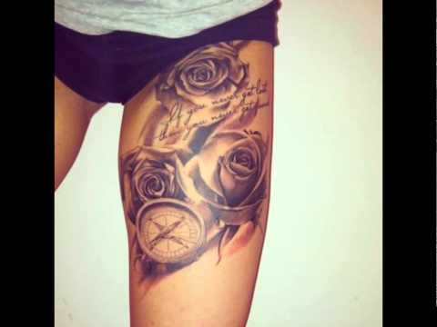 Compass With Roses Tattoo On Upper Leg