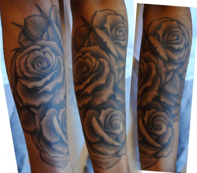 Cool Black And Grey Roses Tattoo Design For Forearm