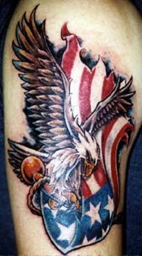 Cool Flying Eagle With Flag Tattoo Design For Half Sleeve