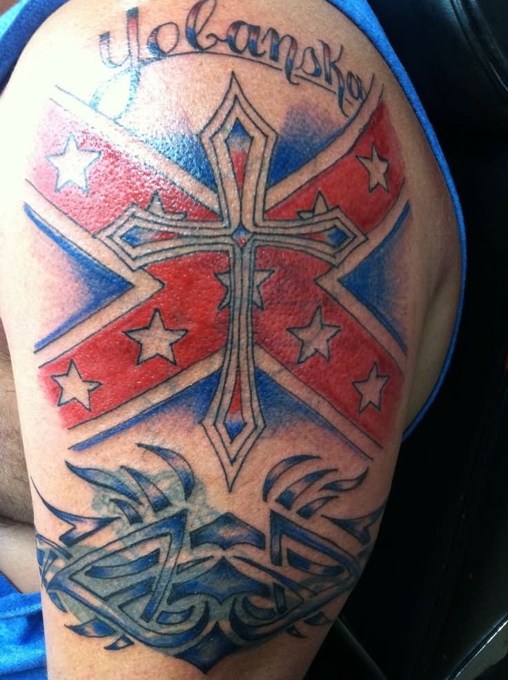 Cross With Rebel Flag Tattoo Design For Shoulder