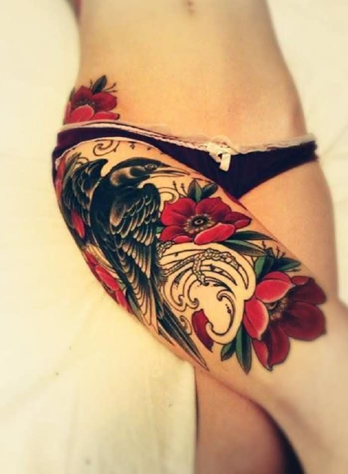 Crow With Flowers Tattoo On Girl Right Upper Leg