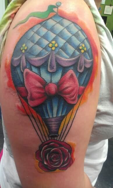 Cute Hot Balloon Tattoo On Right Shoulder
