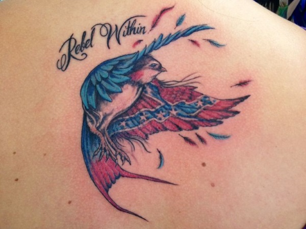 Cute Rebel Flag Flying Bird Tattoo On Right Back Shoulder