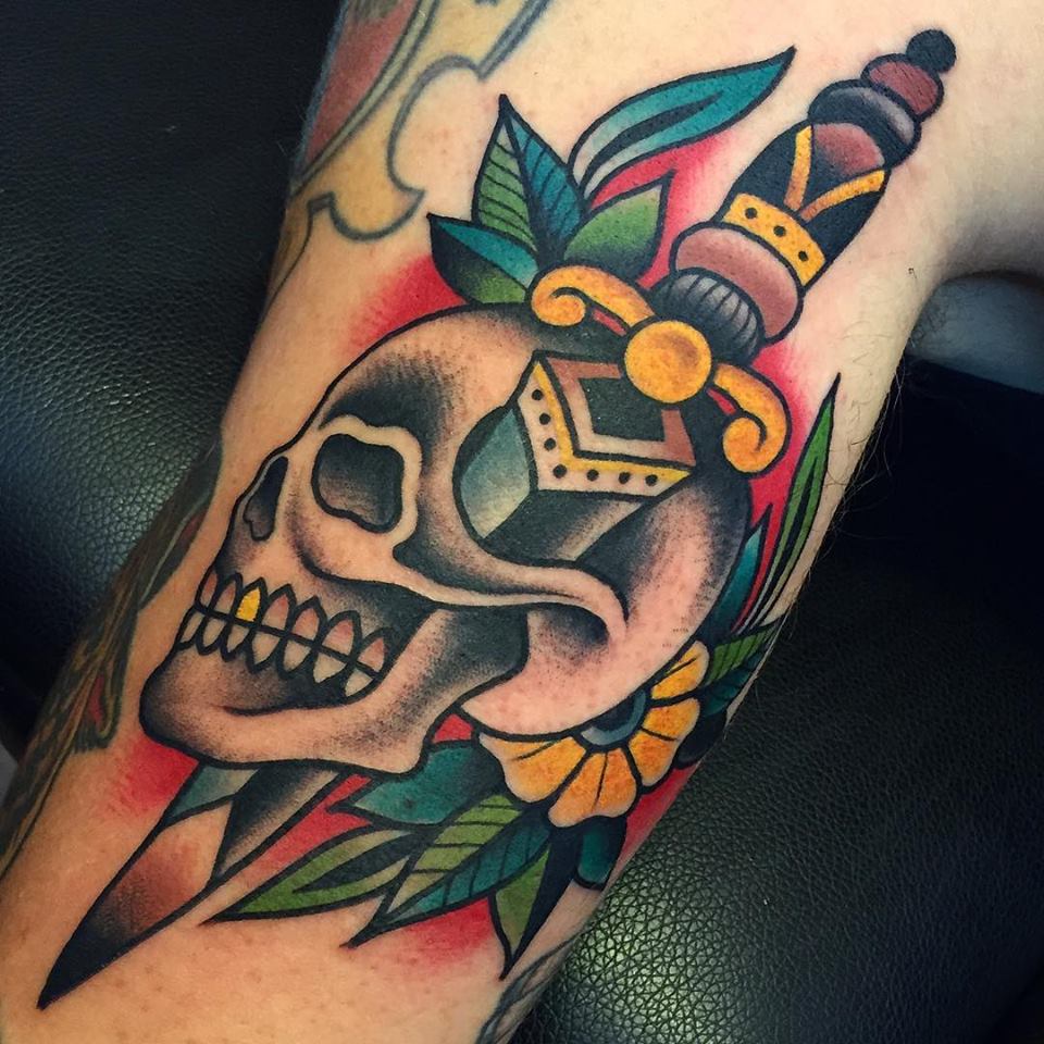 Dagger Skull Tattoo On Bicep by Samuele Briganti