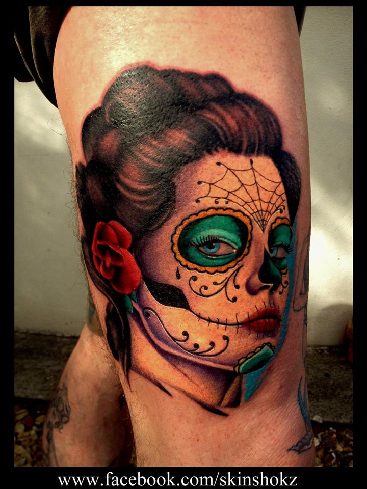 Day Of The Dead Girl Head Tattoo On Thigh by Paul Priestley