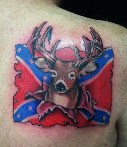 Deer Head With Rebel Flag Tattoo On Right Back Shoulder