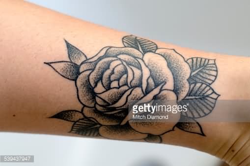 Dotwork Rose Tattoo On Leg