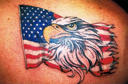 Eagle Head With USA Flag Tattoo Design For Back Shoulder