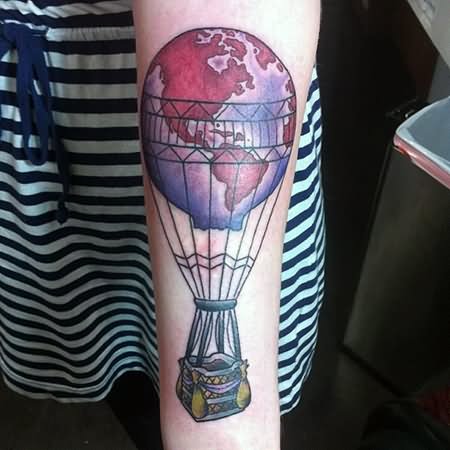Earth Globe Hot Balloon Tattoo On Arm