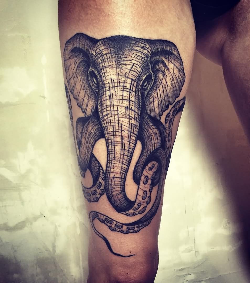 Elephant and Octopus Tattoo On Thigh