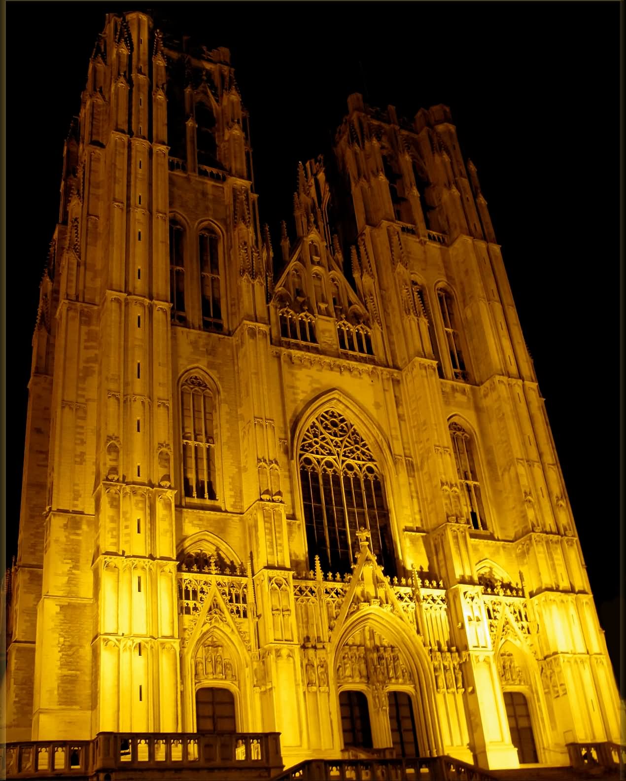 Exterior View Of The Cathedral of St. Michael and St. Gudula At Night