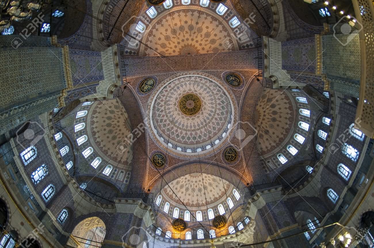 Fish Eye View Of The Interior Architecture Inside Yeni Cami New Mosque In Istanbul