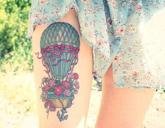 Floral Hot Balloon Tattoo On Girl Thigh