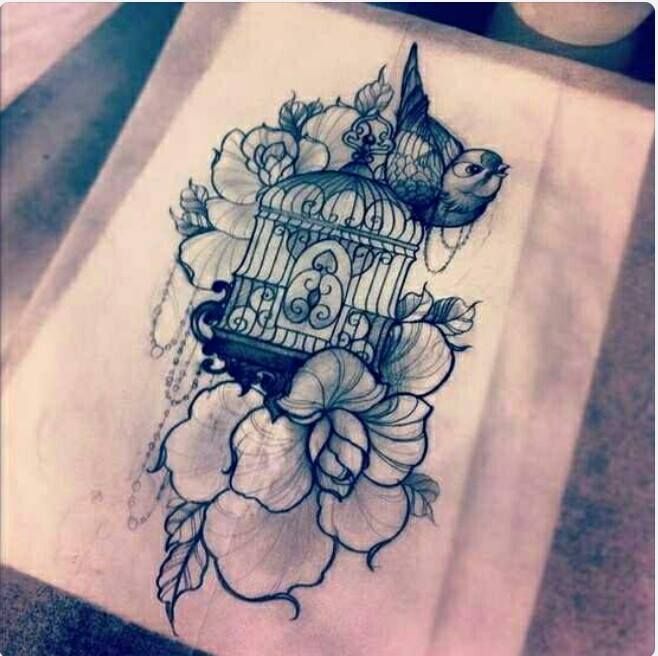 Flower And Cage Tattoo Design For Thigh