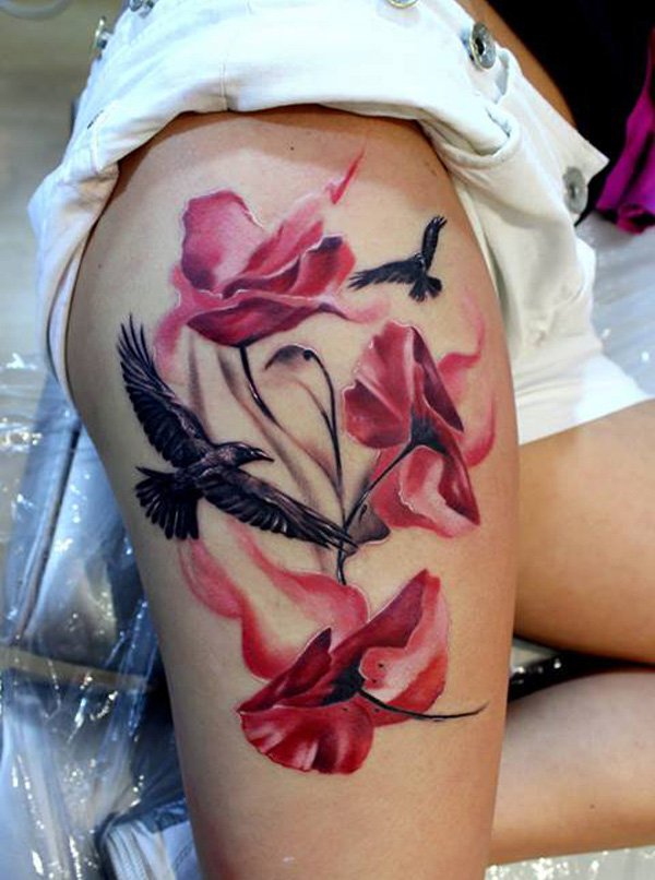 Flying Birds And Red Flowers Tattoo On Thigh