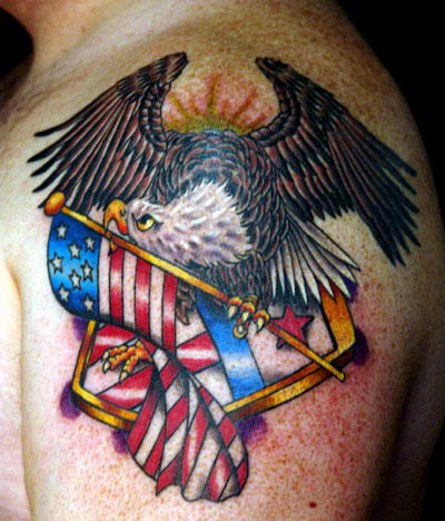 Flying Eagle With USA Flag Tattoo Design For Shoulder