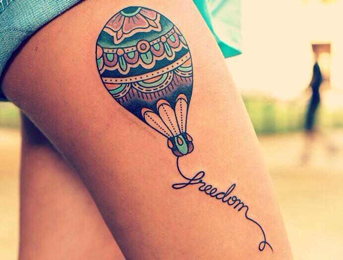 Freedom Hot Balloon Tattoo On Side Thigh