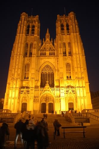 Front Facade Of The Cathedral of St. Michael and St. Gudula At Night