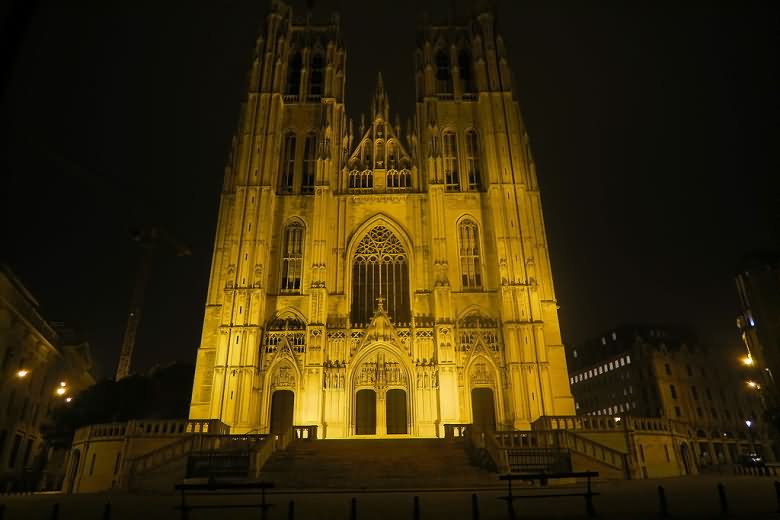 Front Picture Of The Cathedral of St. Michael and St. Gudula At Night
