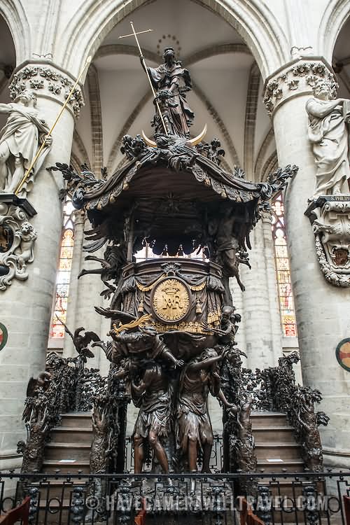 Front View Of The Ornately Carved Wooden Pulpit At The Cathedral of St. Michael and St. Gudula