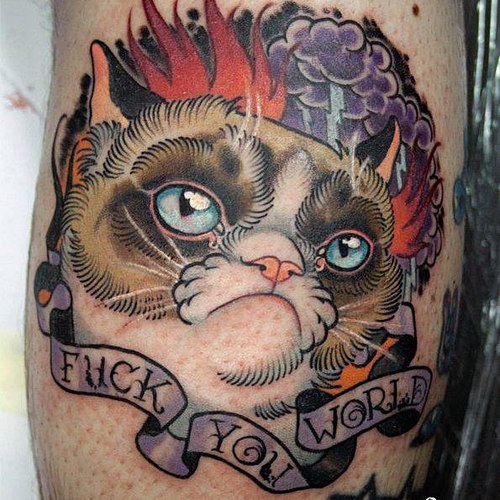 Fuck You World Banner Grumpy Cat Tattoo