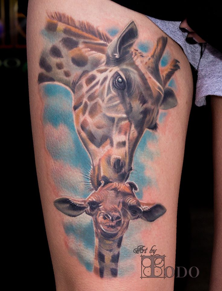 Giraffe Kissing Baby Giraffe Tattoo On Right Thigh