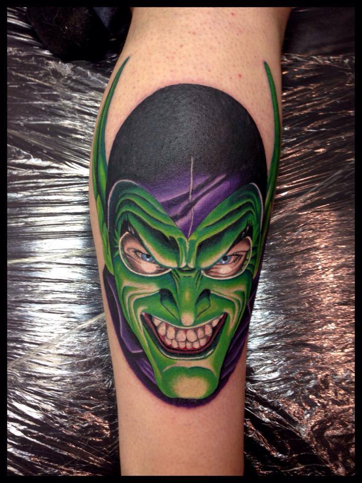 Green Goblin Tattoo On Leg by Paul Priestley