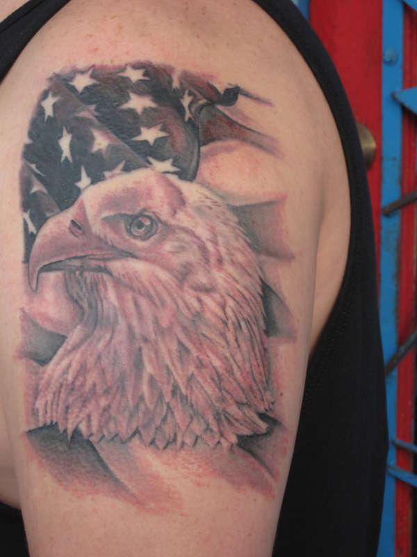 Grey Ink American Flag And Eagle Head Tattoo Design For Shoulder