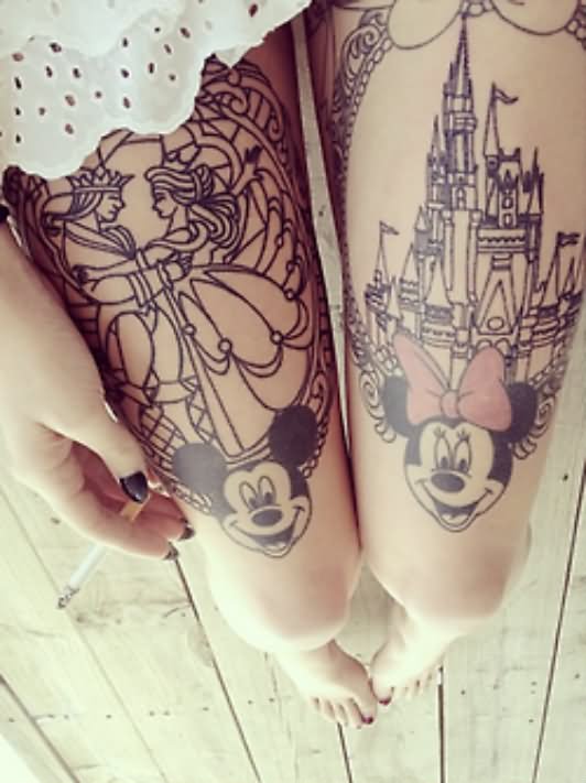 Grey Ink Disney Tattoos On Thigh