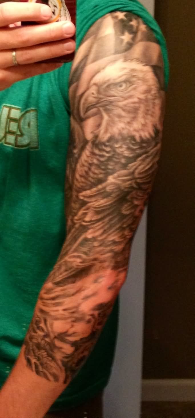 Grey Ink Eagle With USA Flag Tattoo On Man Left Full Sleeve