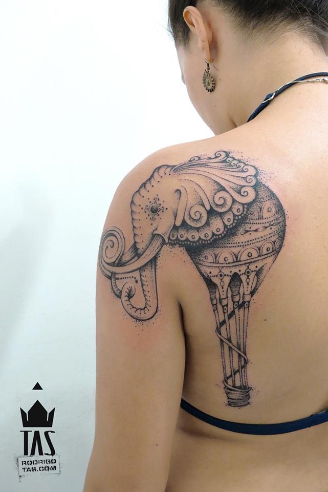 Grey Ink Elephant Hot Balloon Tattoo On Back Shoulder