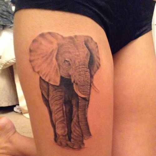 Grey Ink Elephant Tattoo On Right Thigh