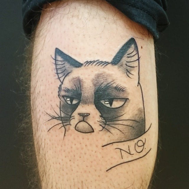 Grey Ink Grumpy Cat Head Tattoo by Lva Gustincic