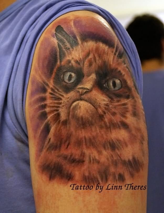 Grey Ink Grumpy Cat Tattoo On Left Shoulder by Linn Theres