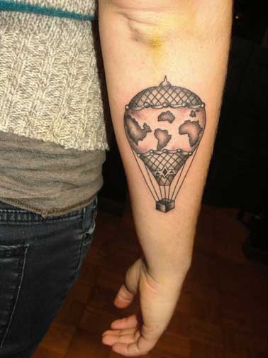 Grey Ink Hot Balloon Tattoo On Right Arm