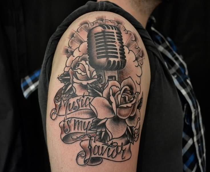 Grey Ink Microphone Rose Tattoo On Shoulder
