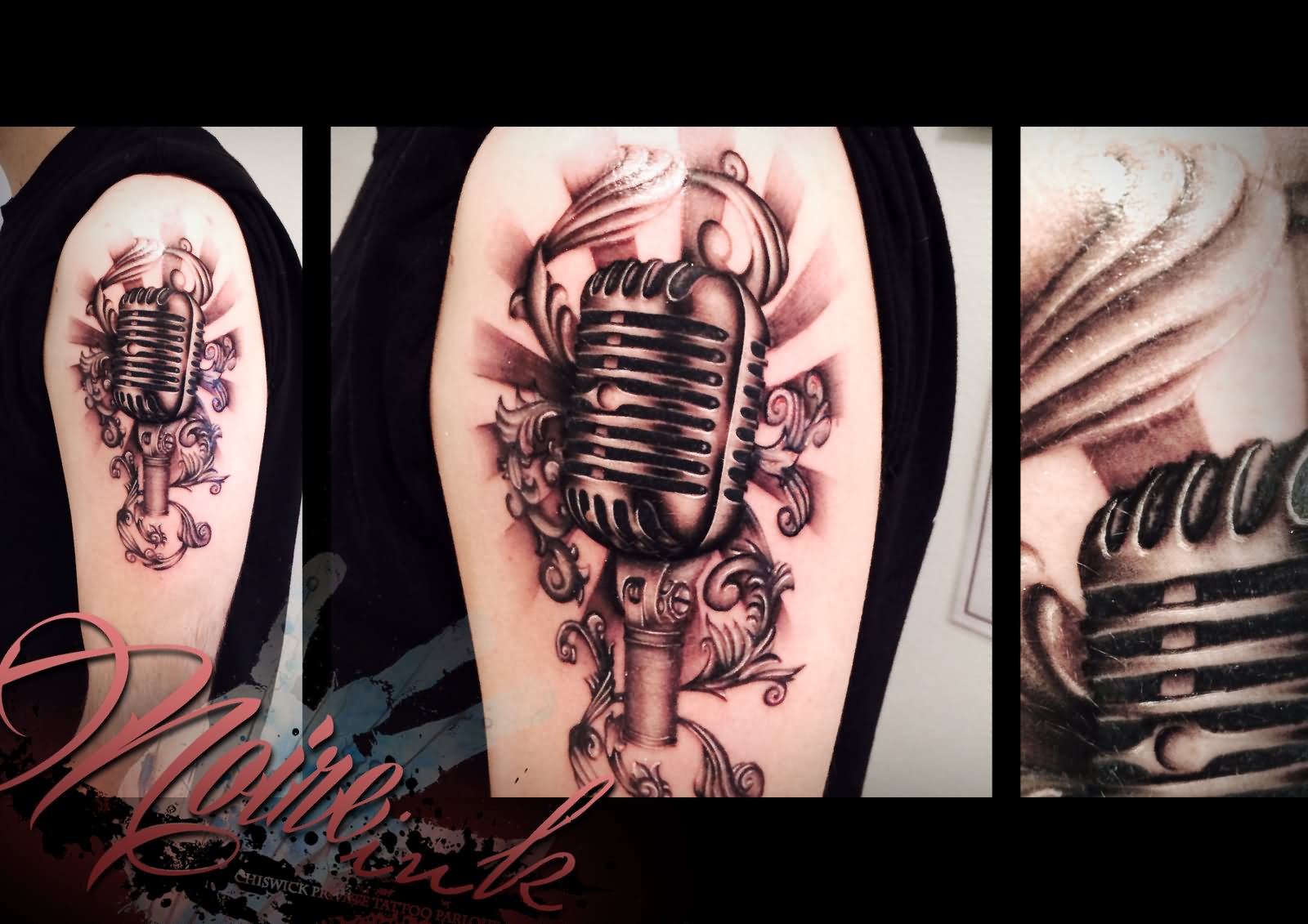 Grey Ink Microphone Tattoo On Left Shoulder