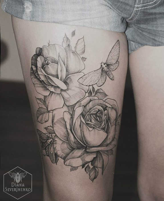 Grey Ink Moth And Rose Flower Tattoo On Thigh