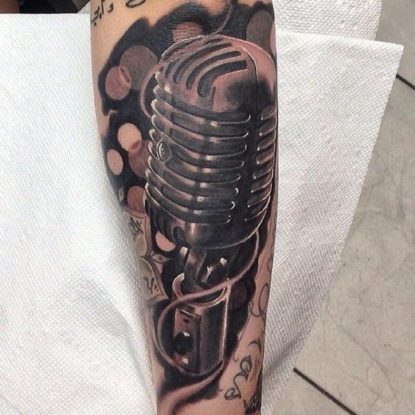Grey Ink Realistic Microphone Tattoo