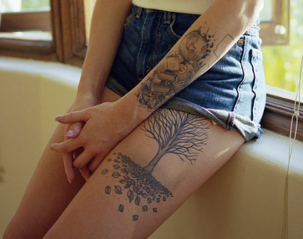 Grey Ink Tree Without Leaves Tattoo On Girl Left Upper Leg