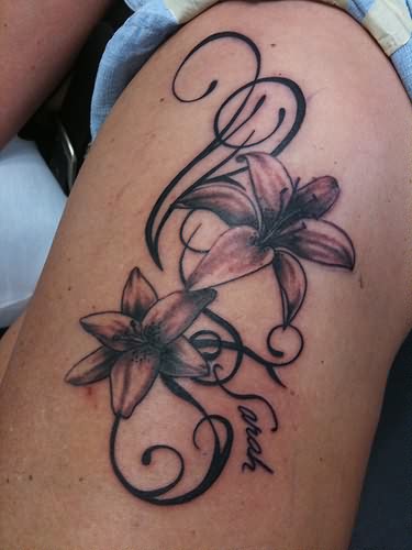 Grey Lily Flowers Tattoo On Thigh
