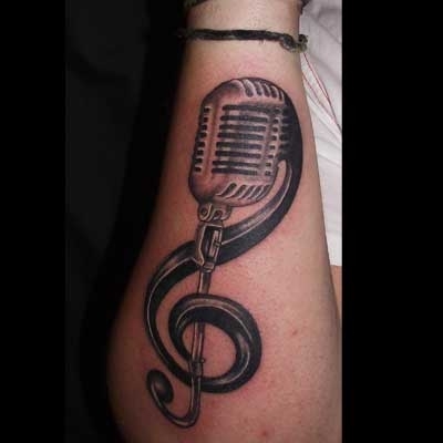 Grey Music Note And Microphone Tattoo