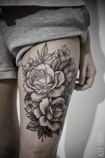 Grey Rose Flower Tattoo On Left Thigh
